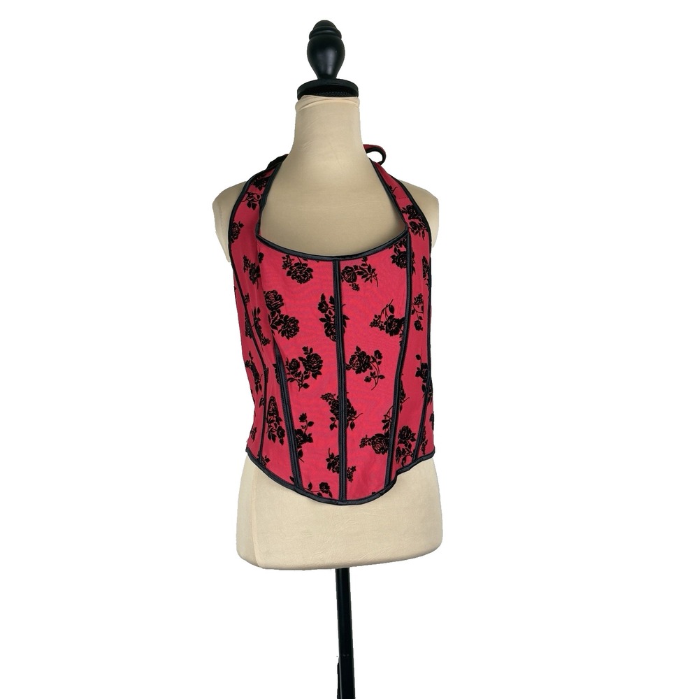 Goth Coquette Floral Lace-Up Corset Top‎ Red Black Velvet Roses Halter 1XL Y2K